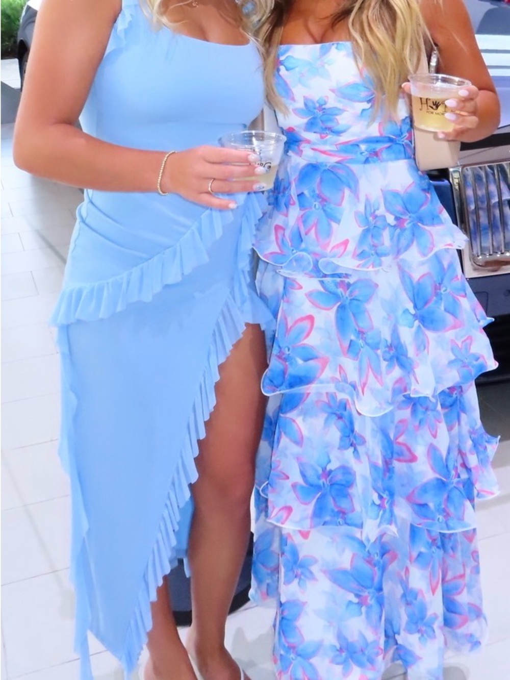 Light Blue and Pink Ruffle Tiered Maxi Dress